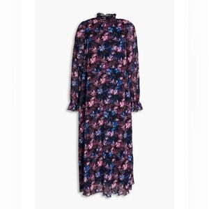 Ganni Floral Ruffle Long Sleeve Plisse Georgette Dress - Pink and Blue